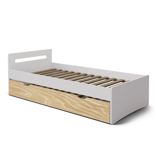 Pack Lit Gigogne Avec Matelas 90x190 Cm Leo  Blanc Et Bois
