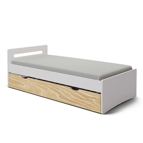 Pack Lit Gigogne Avec Matelas 80x200 Cm Leo  Blanc Et Bois
