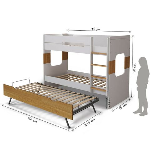 Pack Lit Superposé Gigogne Avec 2 Matelas 90x190 Cm Leji  Blanc Et Noisette