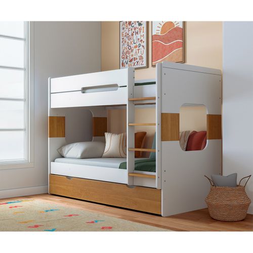 Lit Superposé Gigogne 90x190 Cm Leji  Blanc Et Noisette