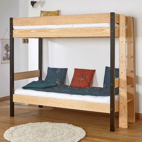 Pack Lit Superposé Avec Matelas 90x190 Cm Tino  Noir Et Bois