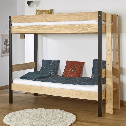 Pack Lit Superposé Avec Matelas 90x190 Cm Tino  Blanc Et Bois