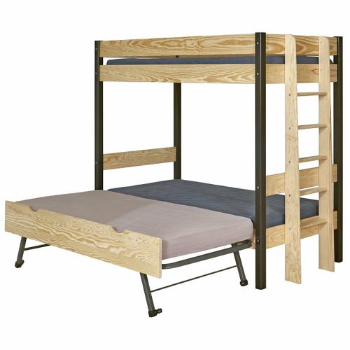 Pack Lit Superposé Gigogne Avec Matelas 90x190 Cm Tino  Noir Et Bois