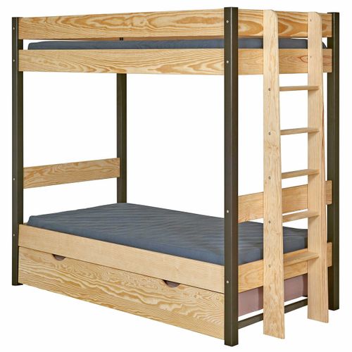 Pack Lit Superposé Gigogne Avec Matelas 90x190 Cm Tino  Noir Et Bois