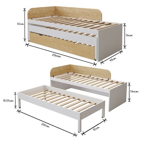 Pack Lit Gigogne Avec Tiroir Et Matelas 90x200 Cm Noha  Blanc Et Bois