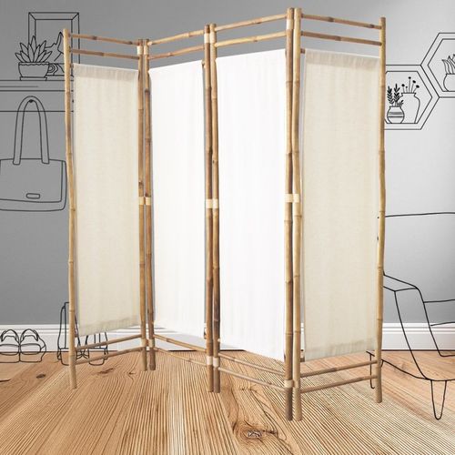 Paravent D'intérieur En Tissu Blanc Et Bambou