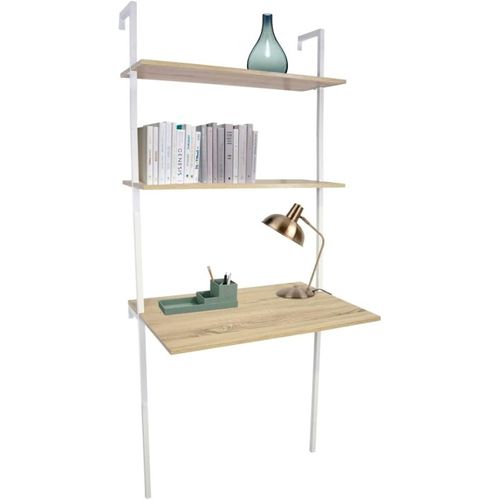 Bureau Mural Avec 2 Étagères En Bois Naturel Et Métal Blanc 76 X 51 X 185 Cm