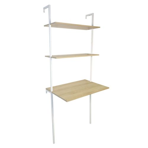 Bureau Mural Avec 2 Étagères En Bois Naturel Et Métal Blanc 76 X 51 X 185 Cm