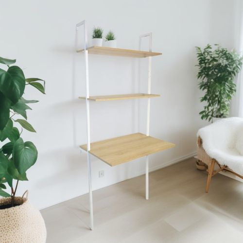 Bureau Mural Avec 2 Étagères En Bois Naturel Et Métal Blanc 76 X 51 X 185 Cm