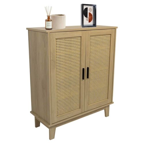 Commode Avec 2 Portes Et 3 Étagères Cannage En Bois Naturel 80 X 34 X 96 Cm