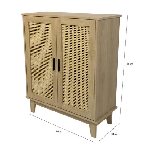 Commode Avec 2 Portes Et 3 Étagères Cannage En Bois Naturel 80 X 34 X 96 Cm