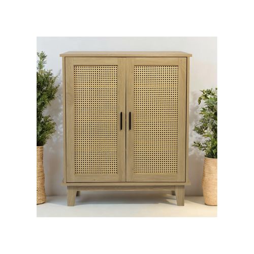 Commode Avec 2 Portes Et 3 Étagères Cannage En Bois Naturel 80 X 34 X 96 Cm