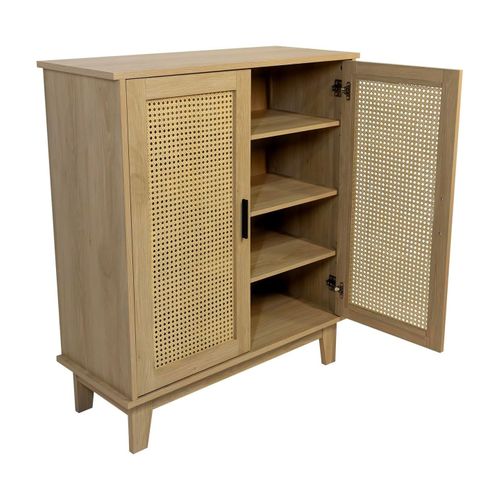 Commode Avec 2 Portes Et 3 Étagères Cannage En Bois Naturel 80 X 34 X 96 Cm