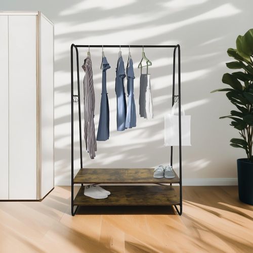 Portant à Vêtements Avec 2 Étagères En Métal Noir Et Bois Naturel 100 X 45 X 160 Cm