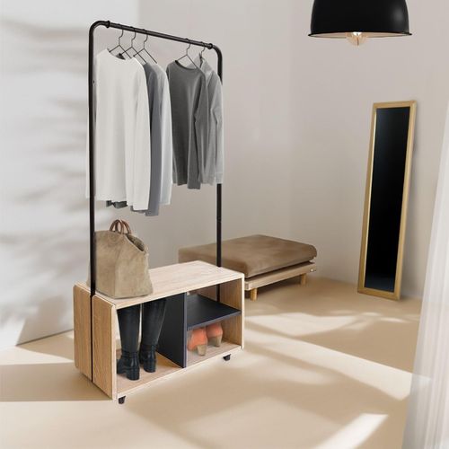 Portant à Vêtements En Métal Noir Et Bois Naturel Avec Roulettes 72 X 31 X 153 Cm