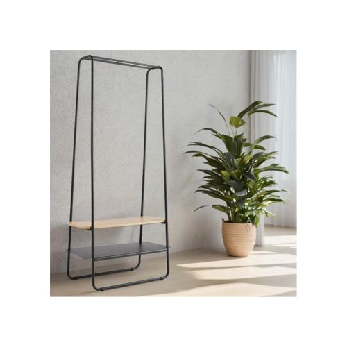 Portant à Vêtements Avec 2 Étagères En Métal Noir Et Bois Naturel 80 X 40 X 170 Cm
