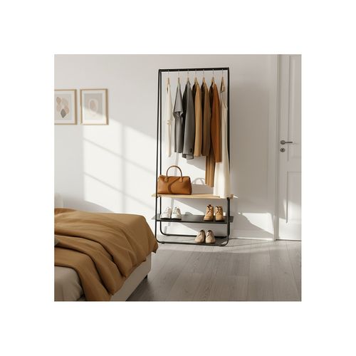 Portant à Vêtements Avec 2 Étagères En Métal Noir Et Bois Naturel 80 X 40 X 170 Cm