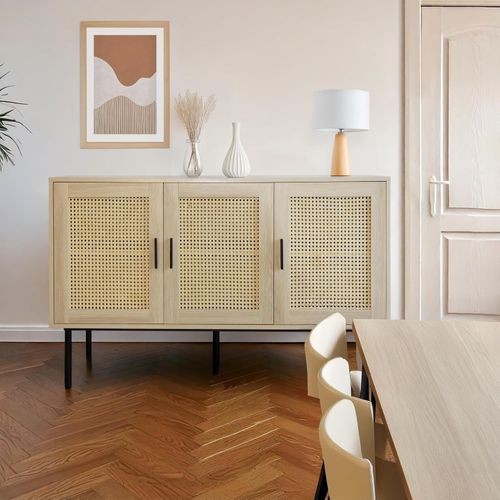 Buffet Cannage Avec 3 Portes Cannage Bois Naturel 120 X 40 X 76 Cm