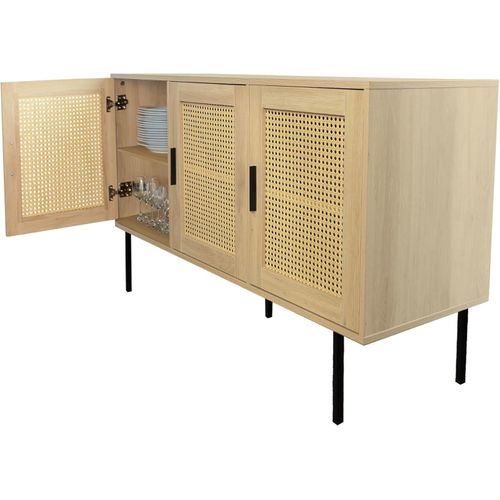 Buffet Cannage Avec 3 Portes Cannage Bois Naturel 120 X 40 X 76 Cm