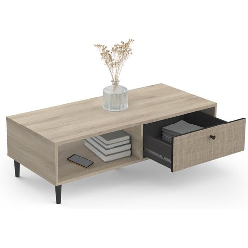 Table Basse Avec Tiroir Cannage Effet Chêne Naturel 110,5 X 34,5 X 50 Cm