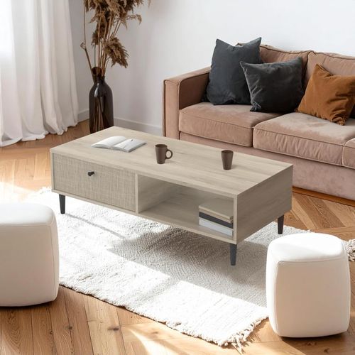 Table Basse Avec Tiroir Cannage Effet Chêne Naturel 110,5 X 34,5 X 50 Cm