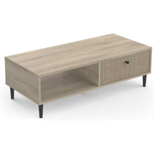Table Basse Avec Tiroir Cannage Effet Chêne Naturel 110,5 X 34,5 X 50 Cm