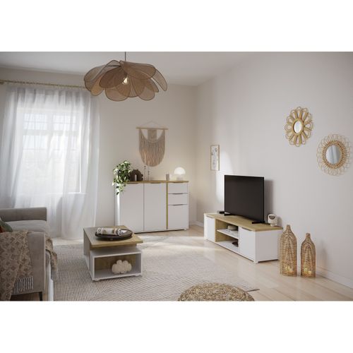 Table Basse En Bois Naturel Et Blanc 92 X 50 X 36 Cm