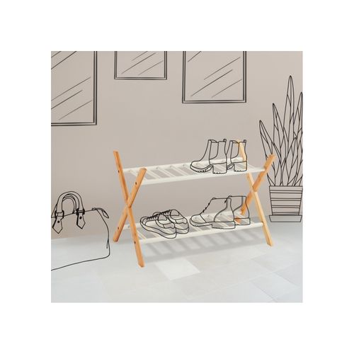 Étagère à Chaussures Avec 2 Niveaux En Bambou Naturel Et Métal 66 X 35,5 X 42 Cm