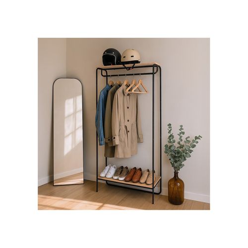 Portant à Vêtements Avec Étagère En Métal Noir Et Bois Naturel 80 X 45 X 170 Cm