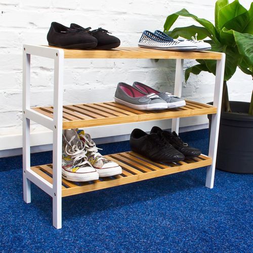 Étagère à Chaussures Avec 3 Niveaux En Bambou Naturel Et Blanc 69,5 X 26 X 54,5 Cm