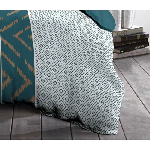 Parure De Couette Microfibre Ethno - 1 Housse De Couette 240x260 + 2 Taies D'oreiller - Bleu Canard