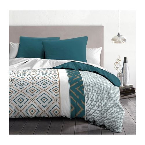 Parure De Couette Microfibre Ethno - 1 Housse De Couette 240x260 + 2 Taies D'oreiller - Bleu Canard