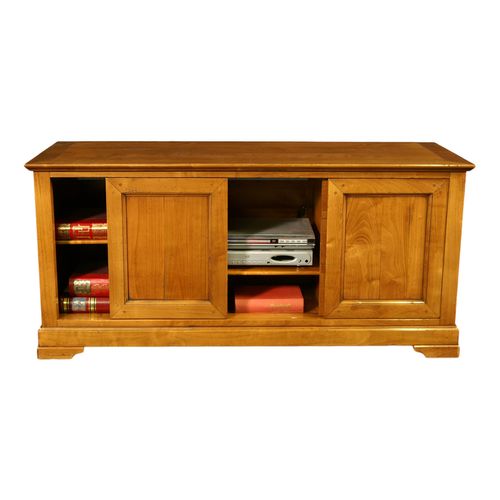 Meuble TV 2 Portes Coulissantes, Merisier Massif