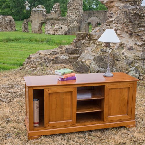 Meuble TV 2 Portes Coulissantes, Merisier Massif