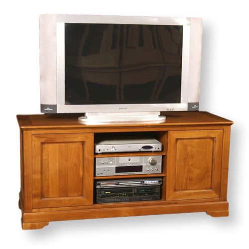 Meuble TV 2 Portes Coulissantes, Merisier Massif