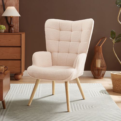 Fauteuil Scandinave Stella Bouclette Beige Avec Surpiqûres