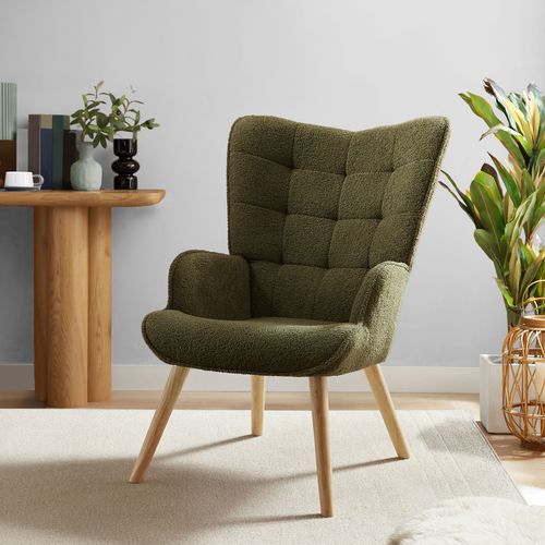 Fauteuil Scandinave Stella Bouclette Kaki Avec Surpiqûres