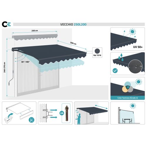 Store Banne Monobloc Vecchio 2,5x2m - Toile Premium 320g/m² Gris