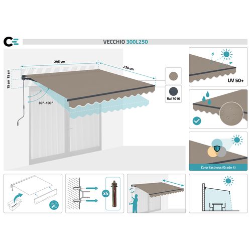 Store Banne Monobloc Vecchio 3x2,5m - Toile Premium 320g/m² Taupe