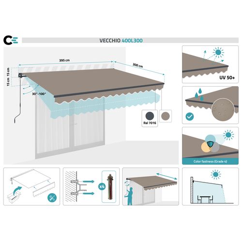 Store Banne Monobloc Vecchio 4x3m - Toile Premium 320g/m² Taupe
