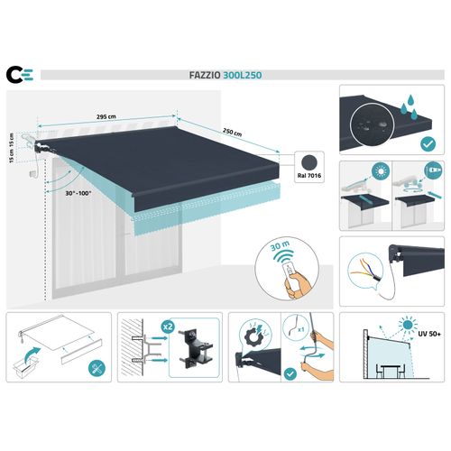 Store Banne Semi-coffre Motorisé Fazzio 3x2,5m - Toile Premium 320g/m² Gris