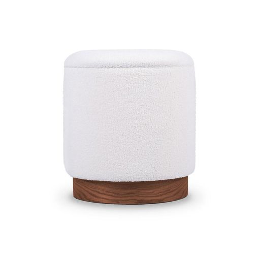 Pouf Coffre Juliette Tissu Bouclette Blanc et Base Bois Foncé