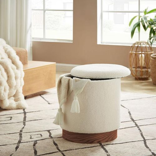 Pouf Coffre Juliette Tissu Bouclette Blanc et Base Bois Foncé