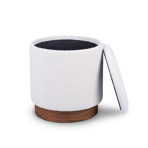 Pouf Coffre Juliette Tissu Bouclette Blanc et Base Bois Foncé