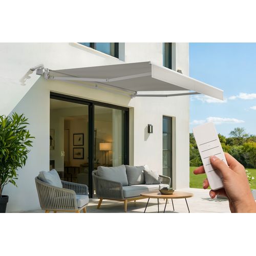 Store Banne Motorisé Semi-coffre Structure Blanche Fazzio 3x2,5m Toile Beige