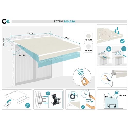 Store Banne Motorisé Semi-coffre Structure Blanche Fazzio 3x2,5m Toile Beige