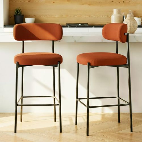 Lot De 2 Tabourets De Bar H75cm Rembourrés Velours Côtelé Terracotta Et Pieds Métal Noir Iris