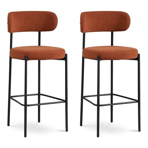 Lot De 2 Tabourets De Bar H75cm Rembourrés Velours Côtelé Terracotta Et Pieds Métal Noir Iris