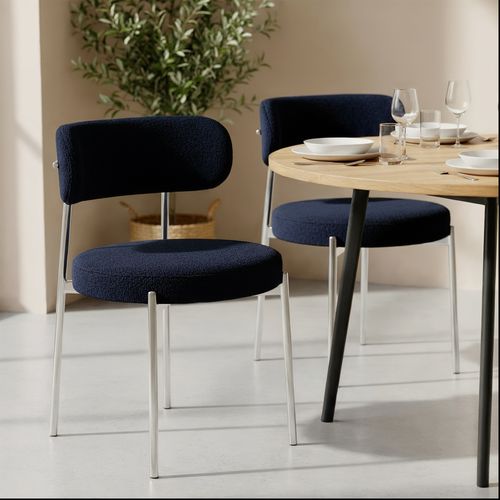 Lot De 2 Chaises Rembourrées Bouclette Bleu Nuit Et Pieds Chromés Nova