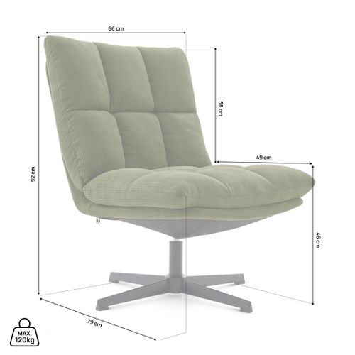 Fauteuil Pivotant 360° Velours Côtelé Kaki Pied Métal Noir Tao